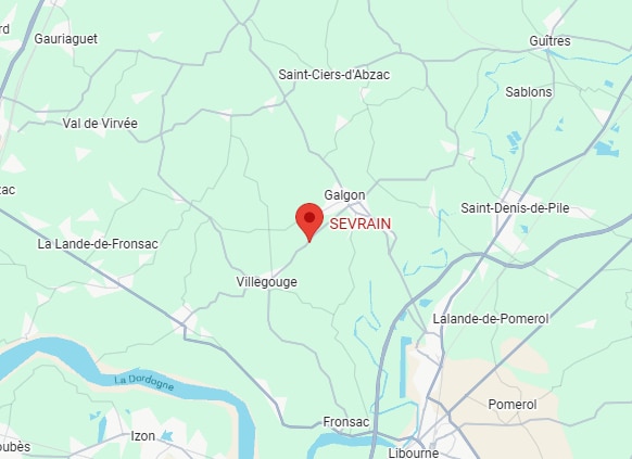 Localisation de Sevrain en Gironde sur une carte détaillée Carte de Sevrain avec un repère rouge près de Galgon et Libourne dans le département de la Gironde.